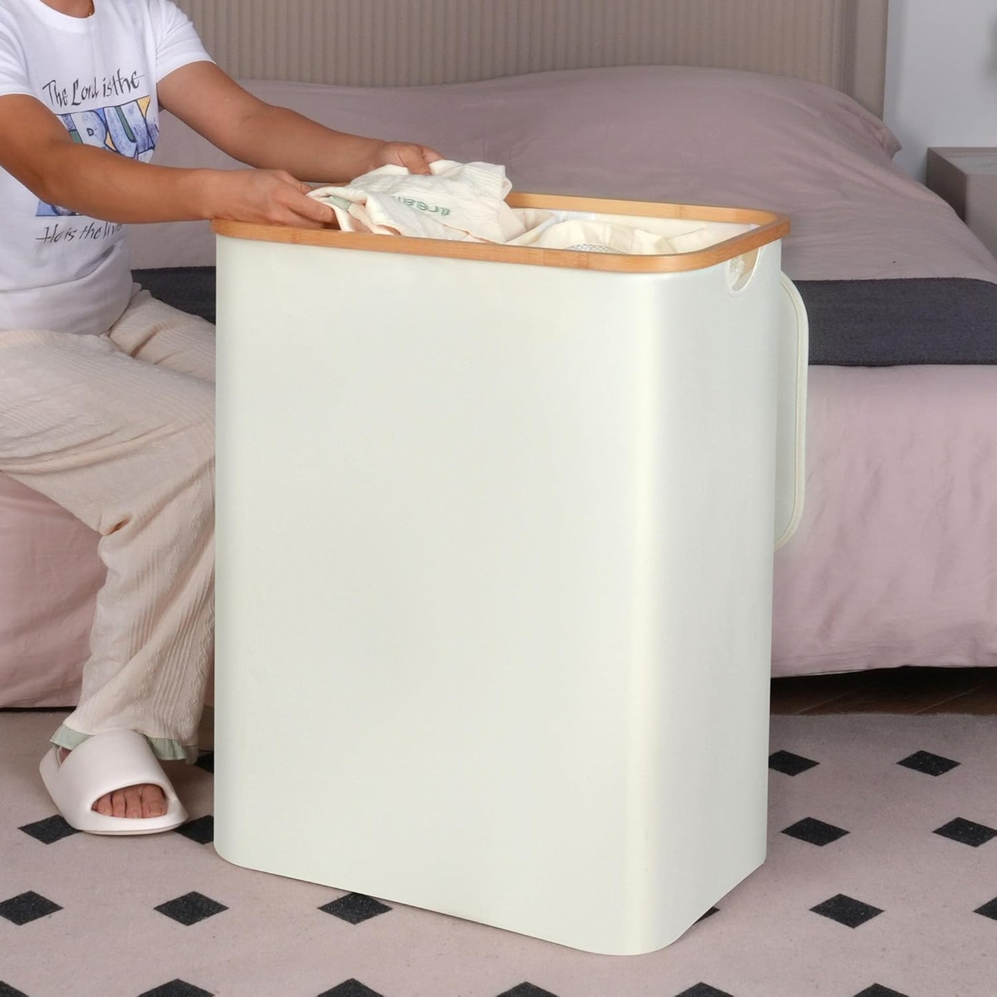 efluky Laundry Hamper with Lid, 160L Tall Laundry Basket with Bamboo Handles for Clothes and Toys