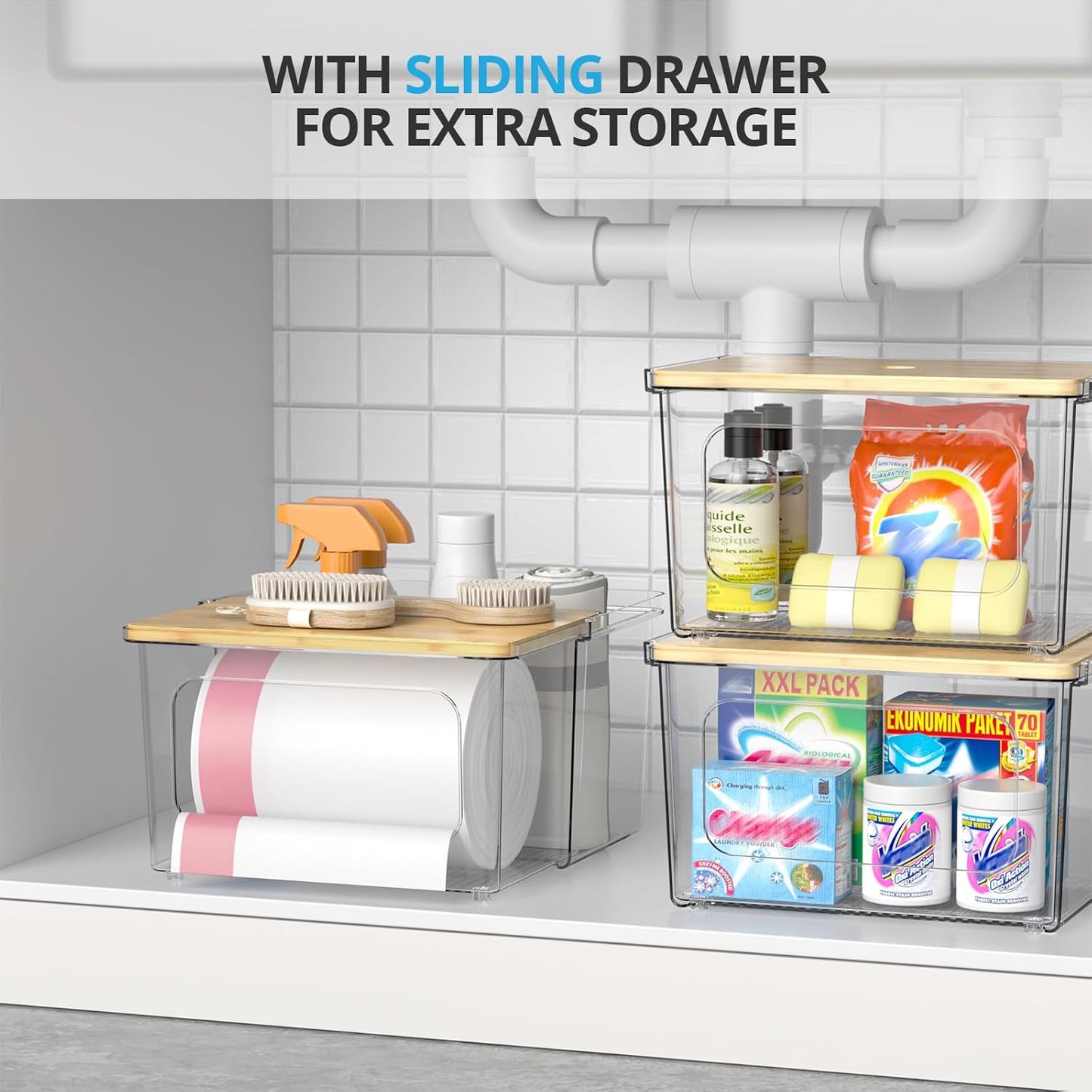 Trash Bag Dispenser Roll Holder - Clear Garbage Bag Holder Dispenser with Bamboo Lid and Sliding