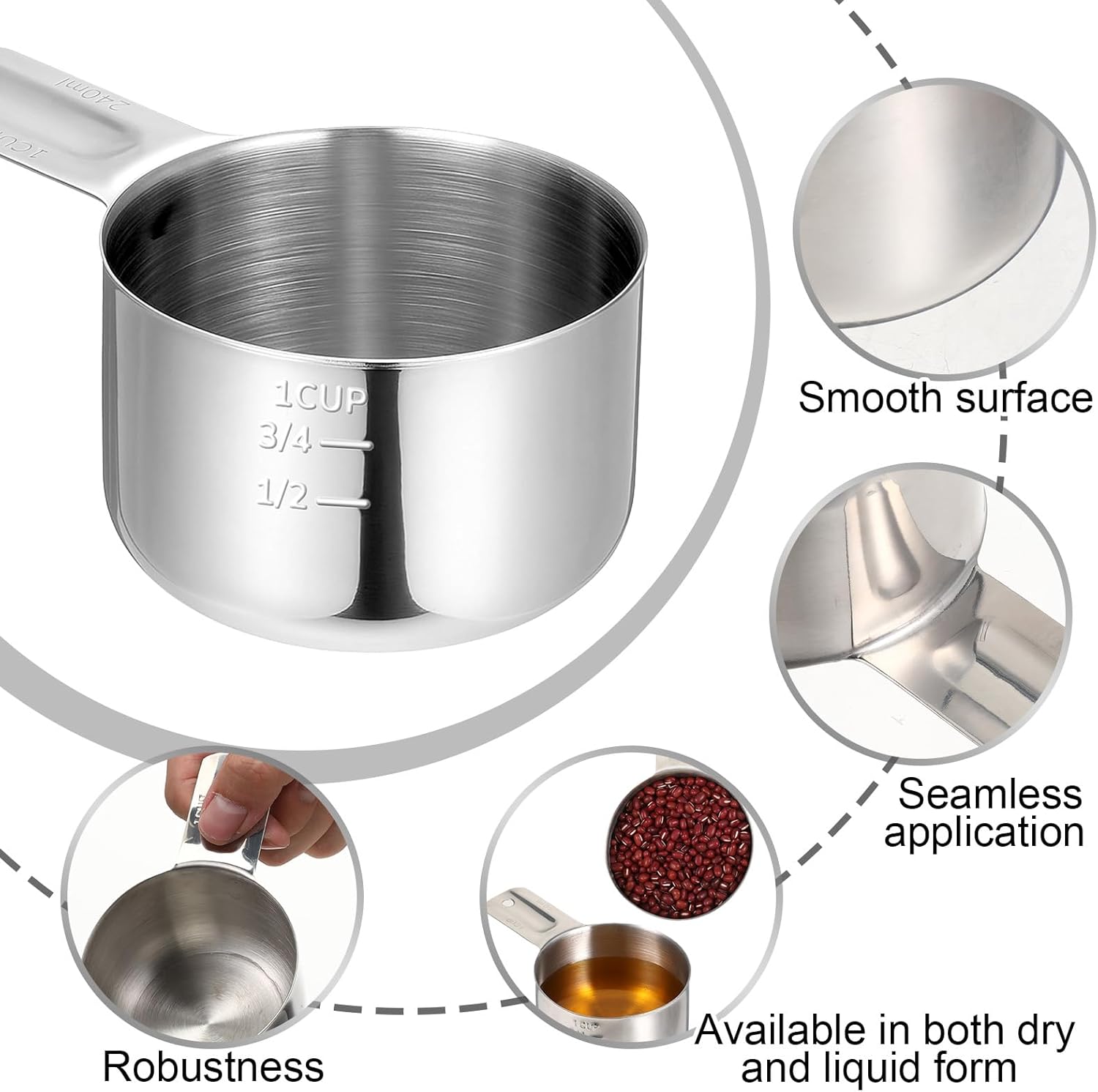 Stainless Steel Measuring Cup, 1 Cup Rice Measuring Cups (8 oz | 240 ml), Single Measure Cups