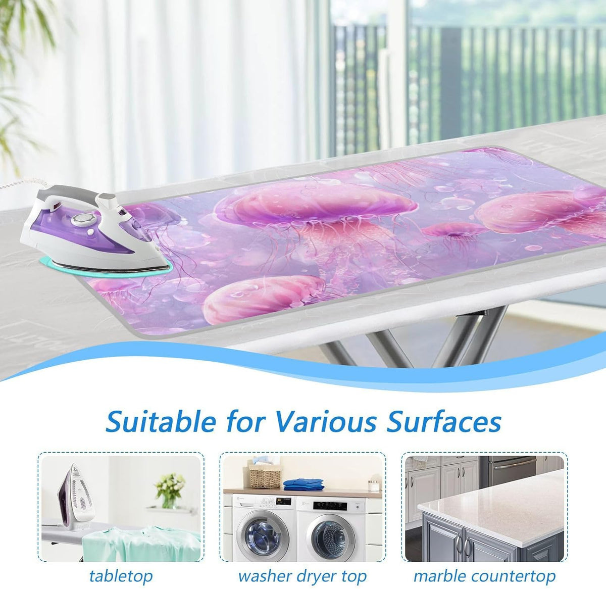 Pink Cute Jellyfishes and Bubbles Ironing Mat for Table top Portable Ironing Pad Blanket for Washer