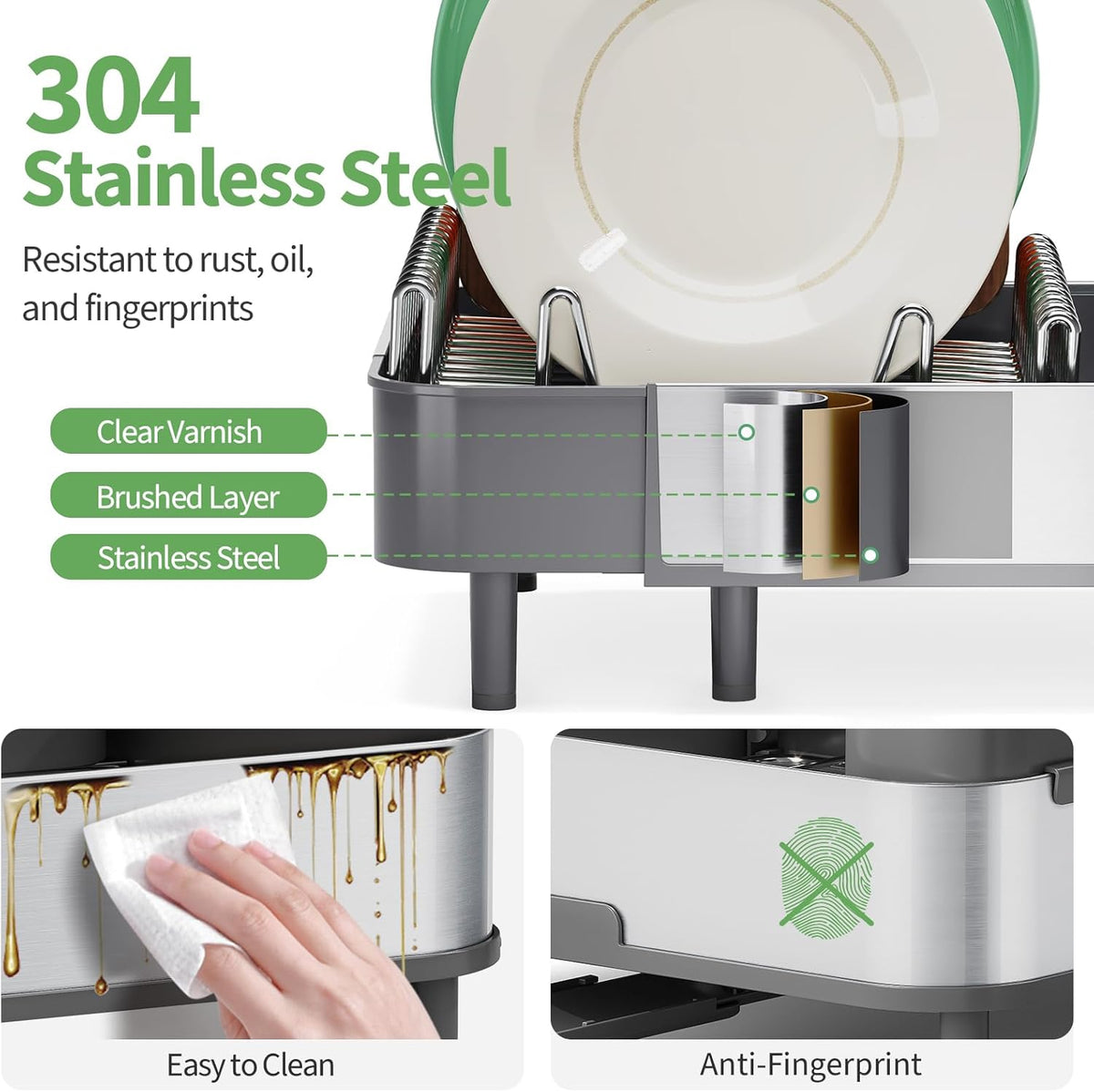Expandable Dish Drying Rack,Foldable 304 Stainless Steel Dish Rack with Dual Parts, Extendable Dish