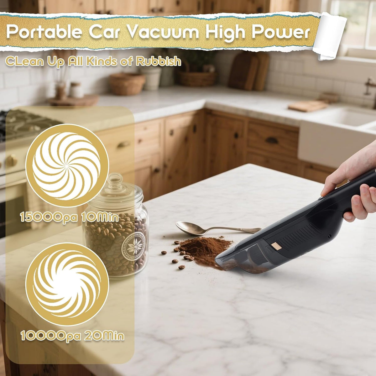 Handheld Vacuum Cordless, High Power Suction, USB Quick Charge, Car Vacuum Cleaner with Storage