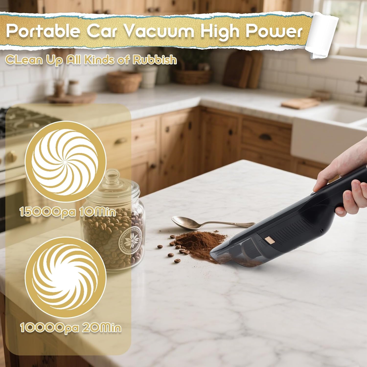 Handheld Vacuum Cordless, High Power Suction, USB Quick Charge, Car Vacuum Cleaner with Storage