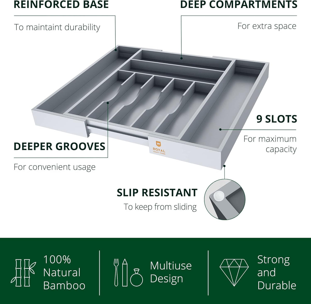 Luxury Bamboo Kitchen Drawer Organizer - Silverware Organizer - Utensil Holder and Cutlery Tray