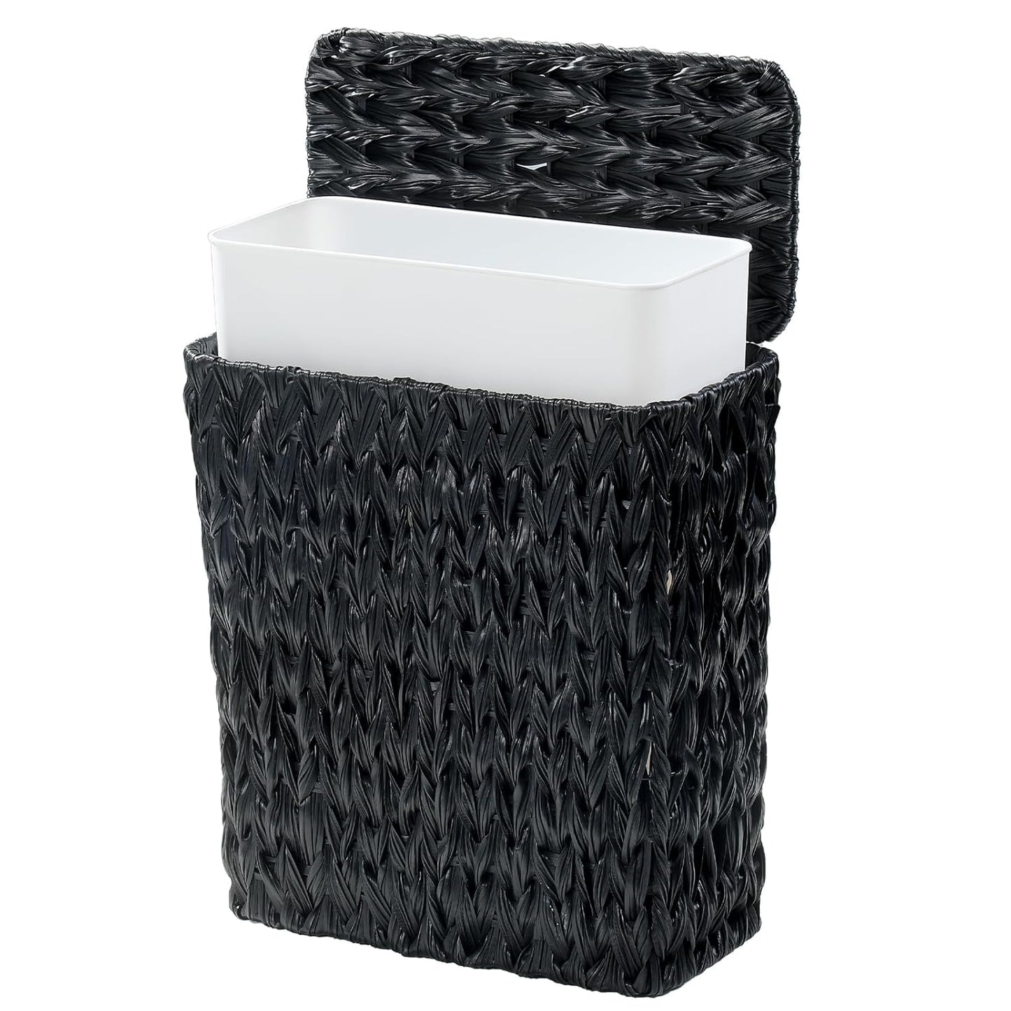 Black Wicker Trash Can with Lid and Liner,Waterproof Narrow Waste Basket for