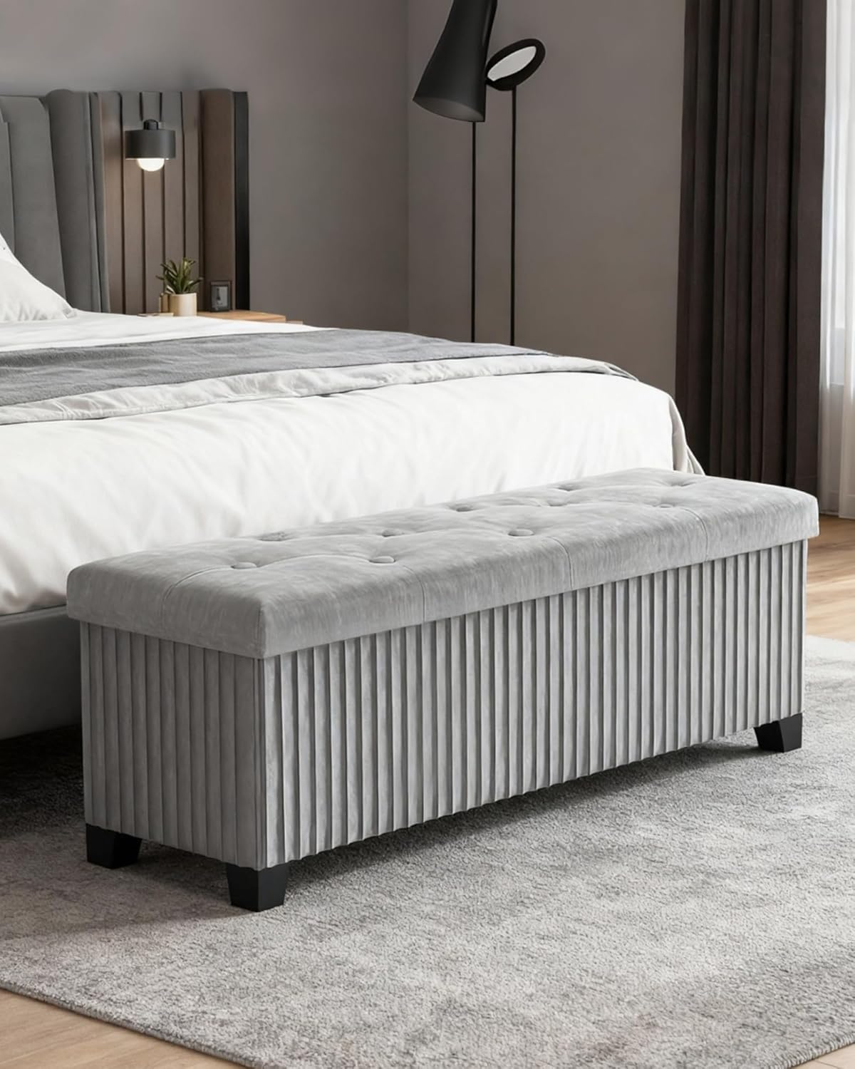 Storage Ottoman Bench, 43 Inch Foldable Ottoman with Legs, Velvet Foot Rest Stool, End of Bed