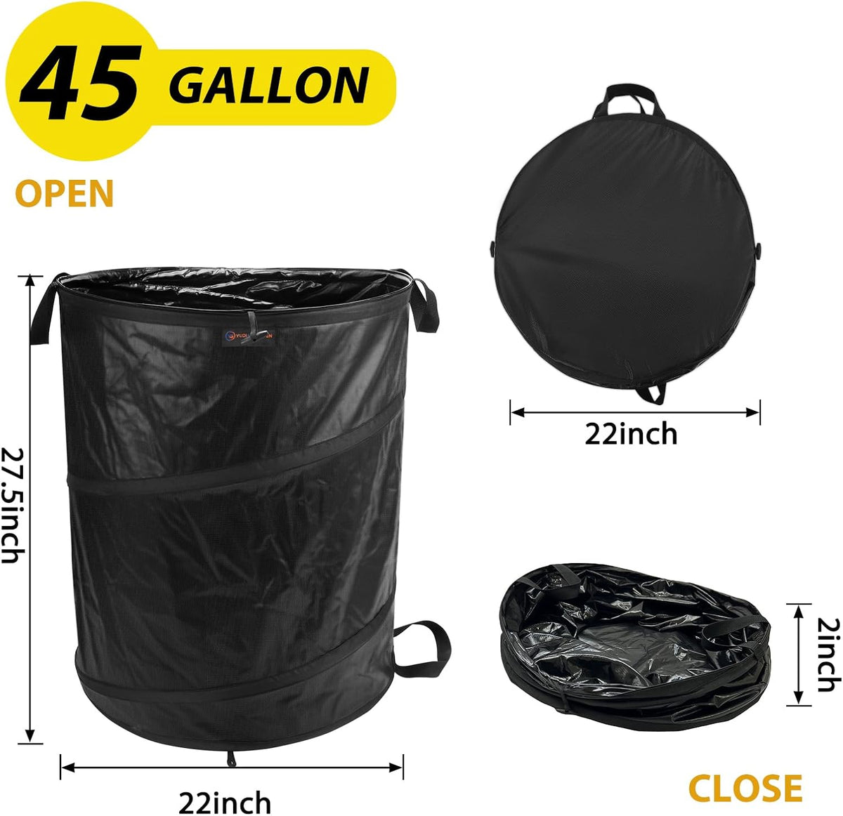 YUDI & GARDEN 45 Gallon Collapsible Garden Bag｜Collapsible Trash Can｜Camping Trash Can,Black,for