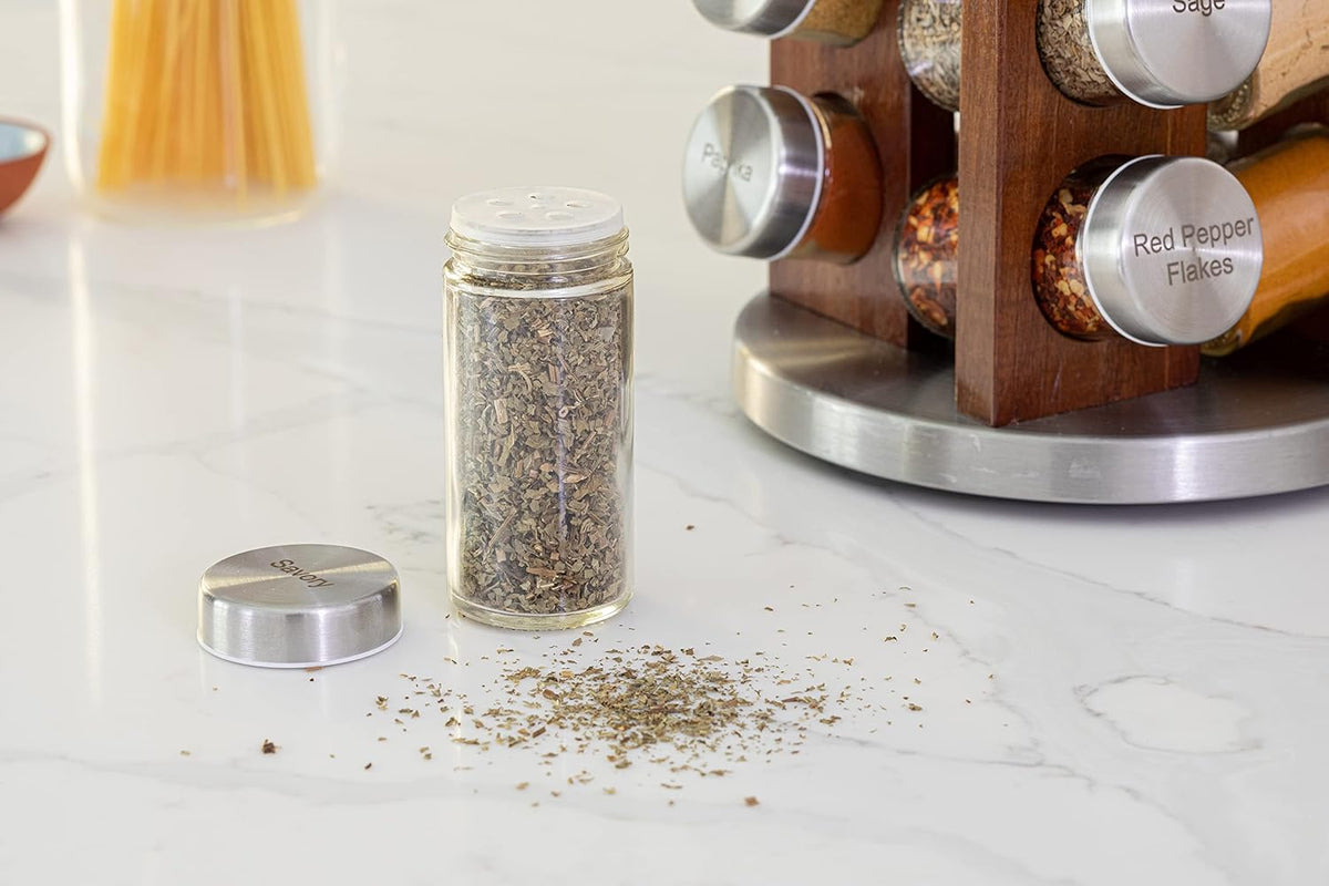 Orii 20 Jar Dark Acacia Wood Spice Rack with Spices Included - Rotating Tower Organizer for Kitchen