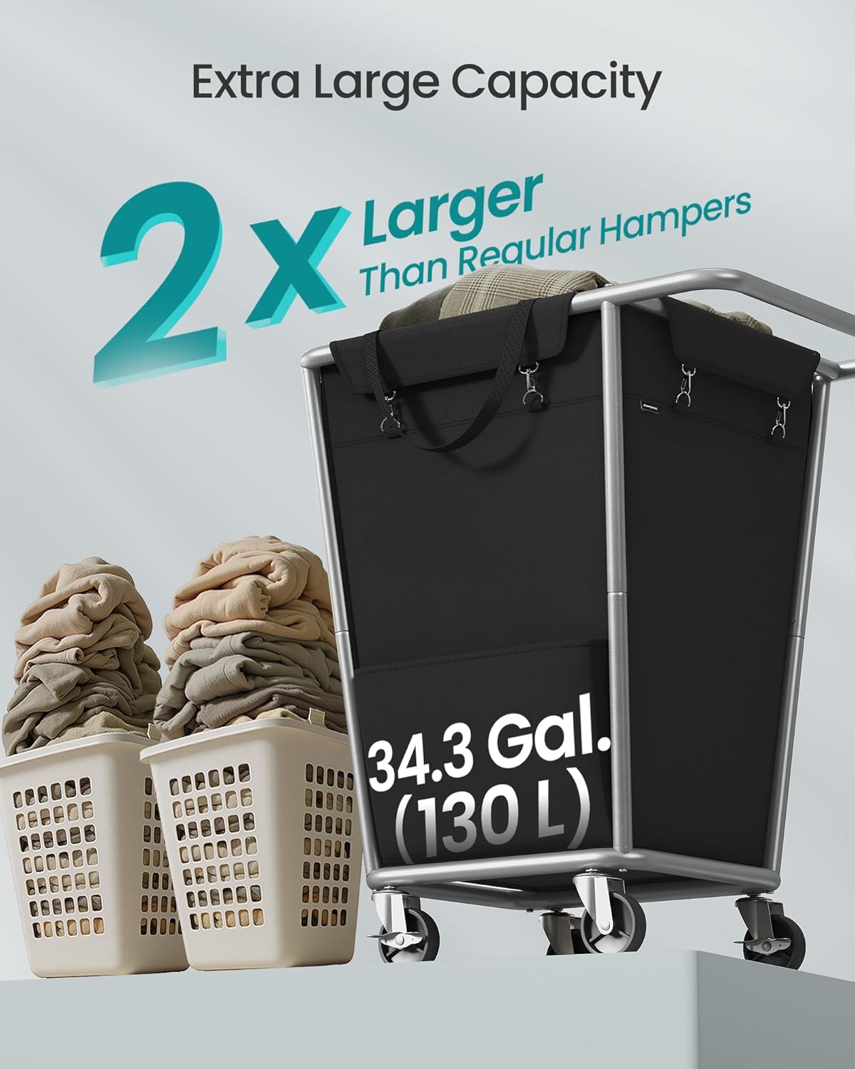 SONGMICS Laundry Basket with Wheels, 34.3 Gallons (130 L) Rolling Laundry Hamper with Removable