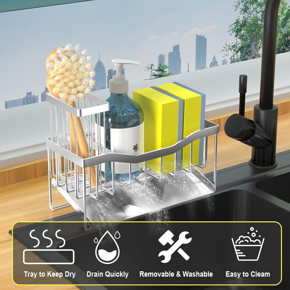 Maifan Sink Caddy Sponge Holder for Kitchen with Brush Holder and Stainless Steel Self Drain Tray