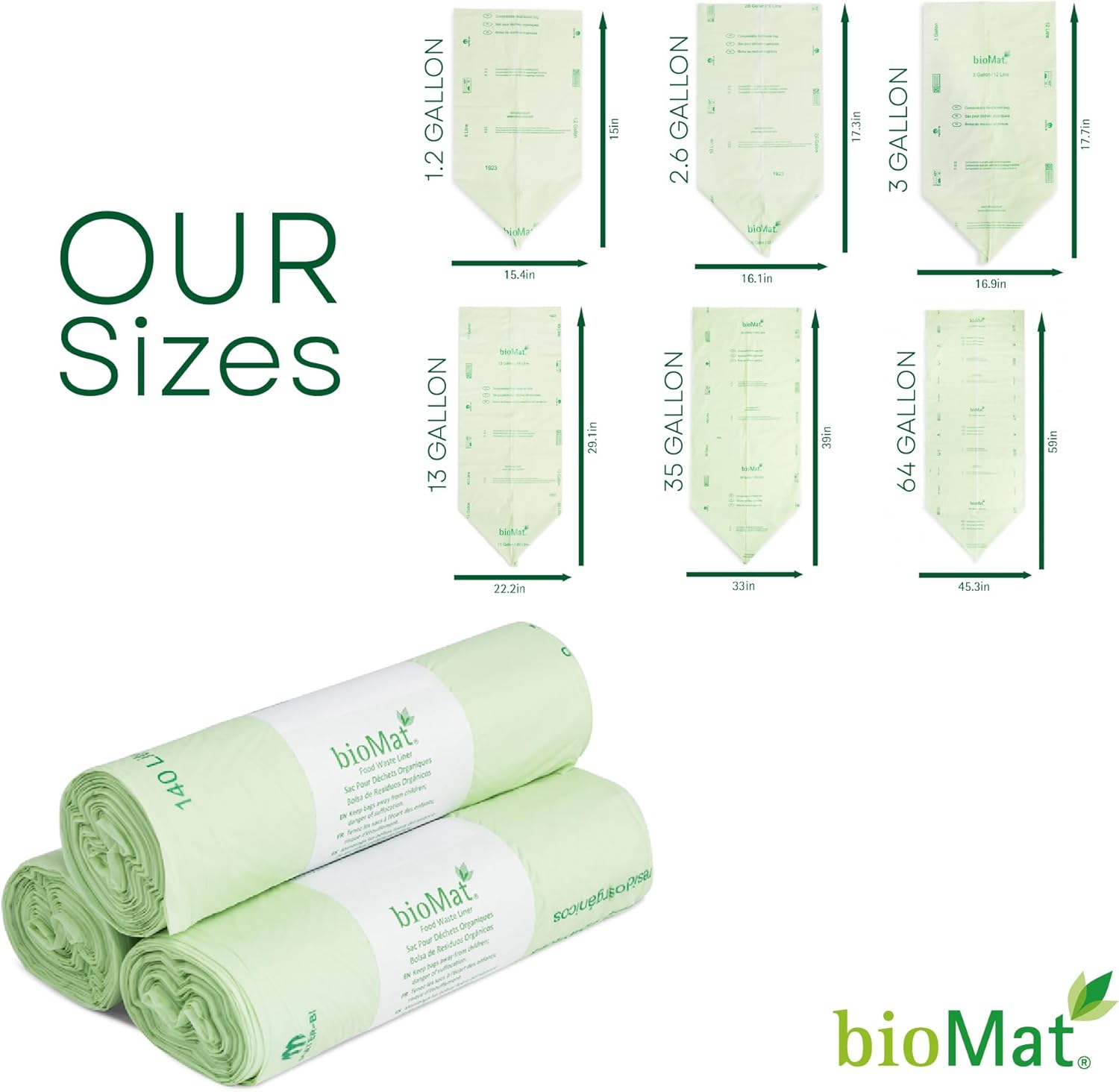bioMat 35 Gallon Compostable Trash Bags for Lining Compost Bins, 10 Count, Biodegradable Trash Bags