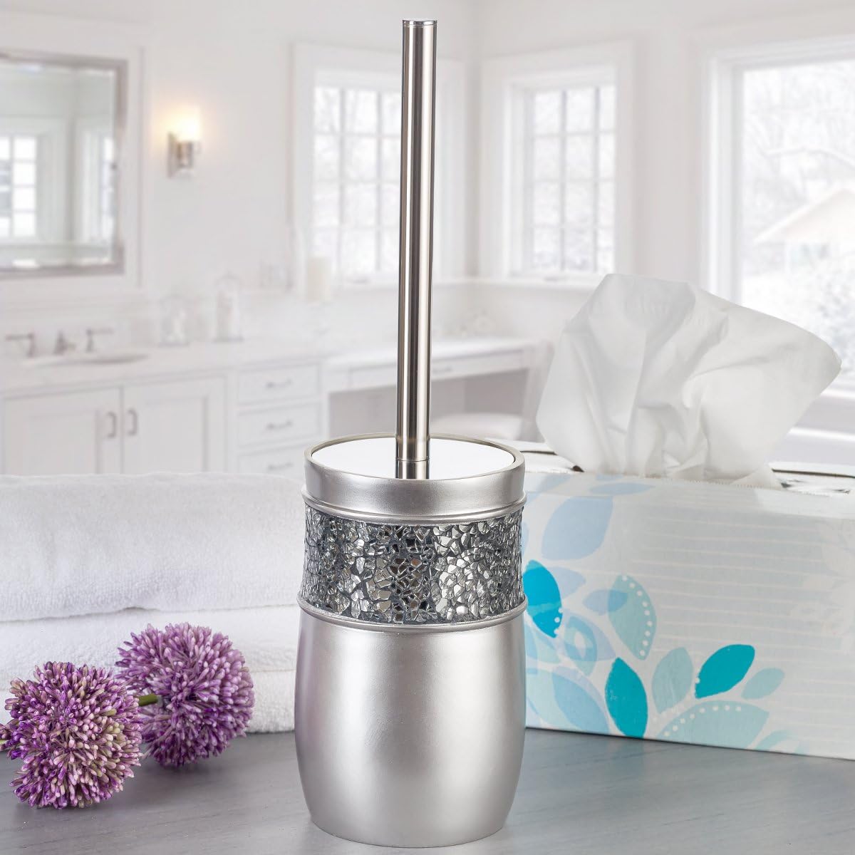 Crackled Glass Toilet Brush with Holder - Silver Toilet Bowl Cleaner Brush and Holder - Good Grip