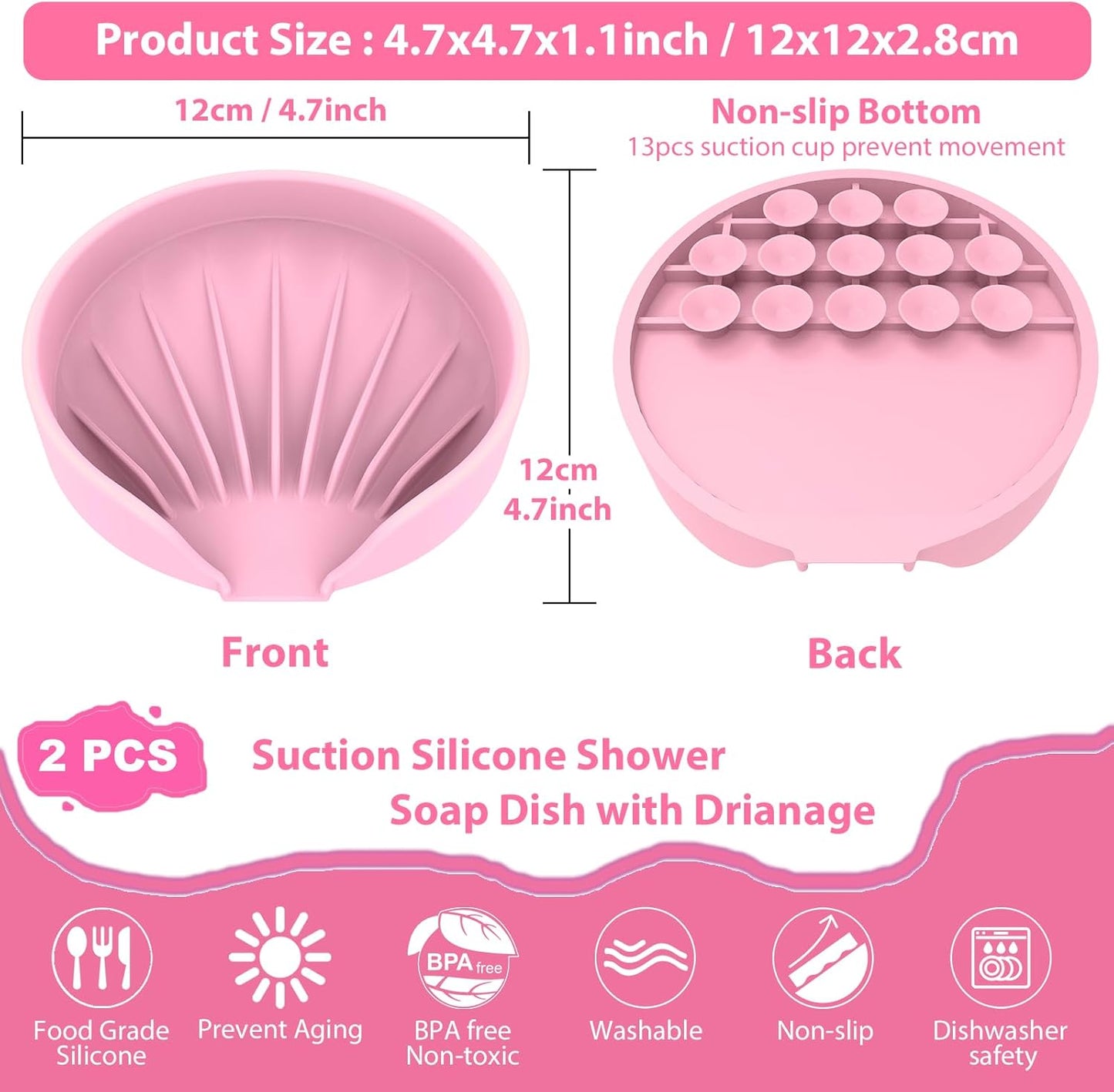 Self Draining Soap Dish, Silicone Suction Cup Soap Holder Tray Savers Container Sponge Holder for