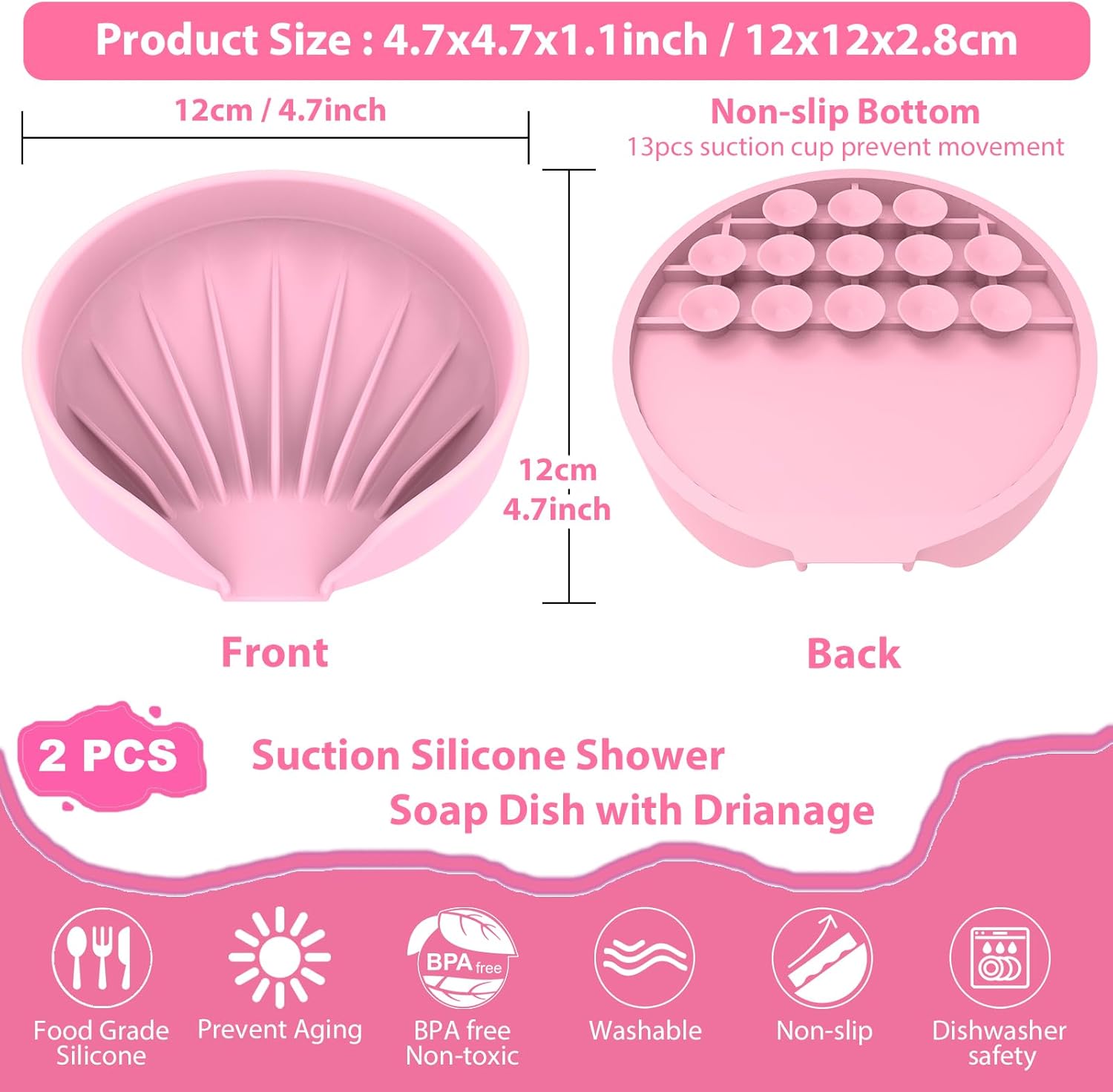 Self Draining Soap Dish, Silicone Suction Cup Soap Holder Tray Savers Container Sponge Holder for