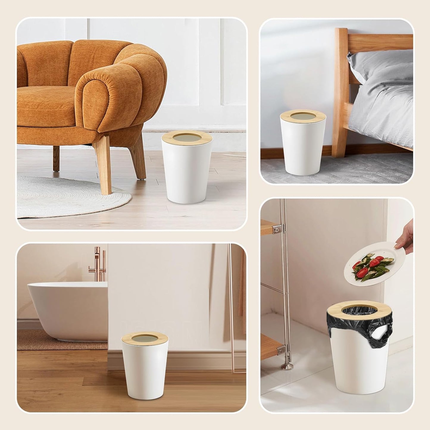 White Trash Can for Bedroom with Bamboo Lid, 2.4 Gallon Open Top Trash Can 3 Pack, Modern Aesthetic