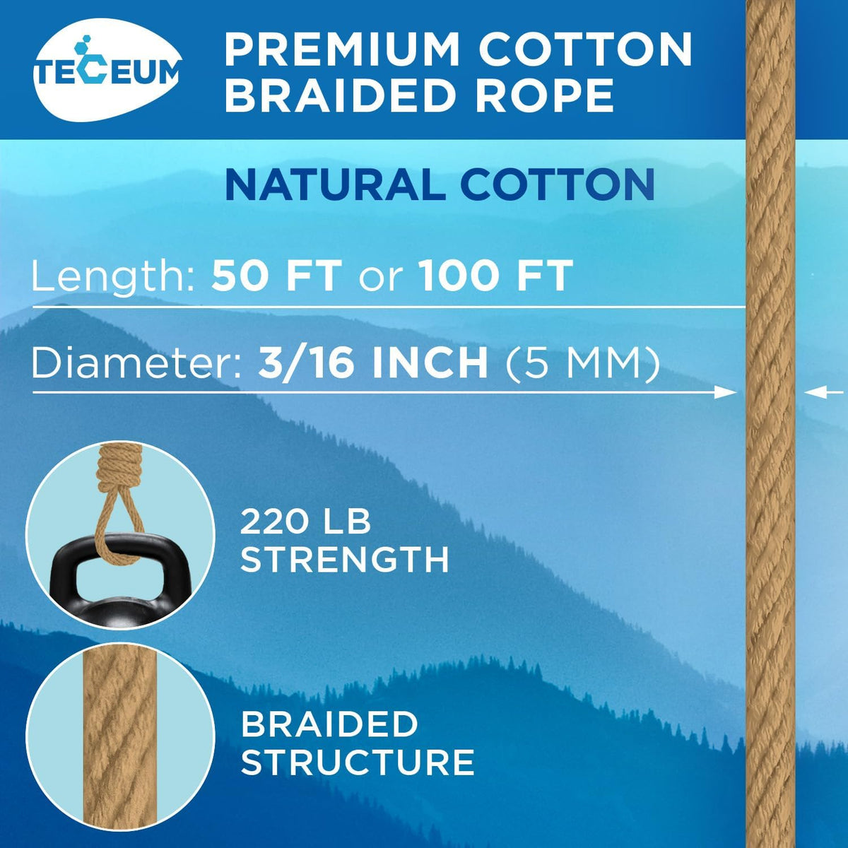 TECEUM Cotton Rope 3/16” (5 mm) – 100 FT – Strong All-Purpose Braided Rope – Natural Cotton – for