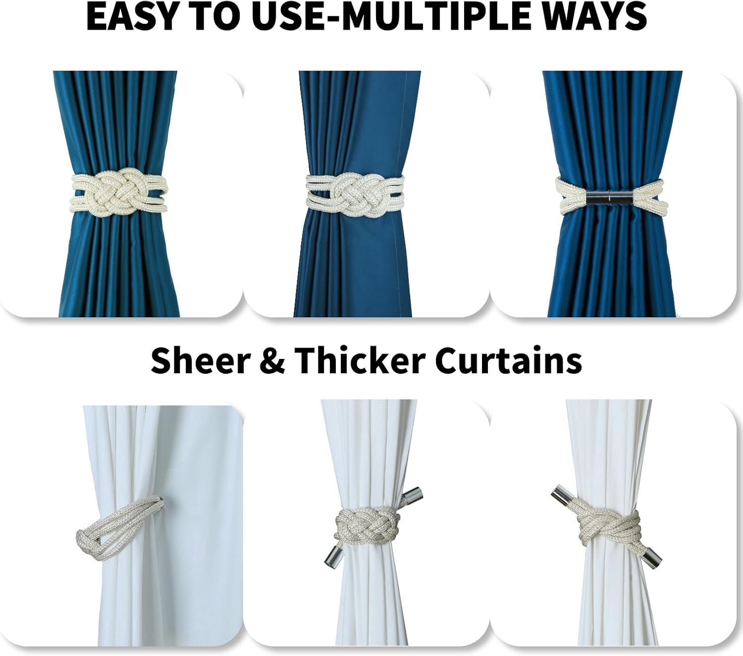 2 Pack Magnetic Curtain Tiebacks, Hand Weave Rope Knot Decorative Curtain Holdbacks for Home &