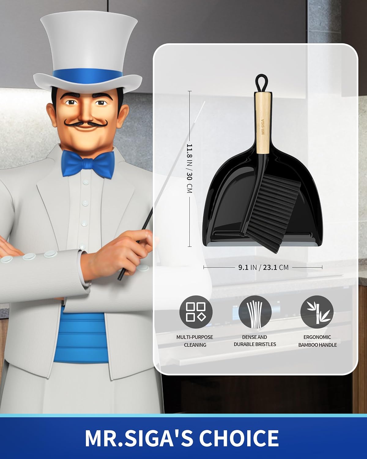 MR.SIGA Dustpan and Brush Set, Portable Cleaning Brush and Dustpan Combo with Bamboo Handle, Black
