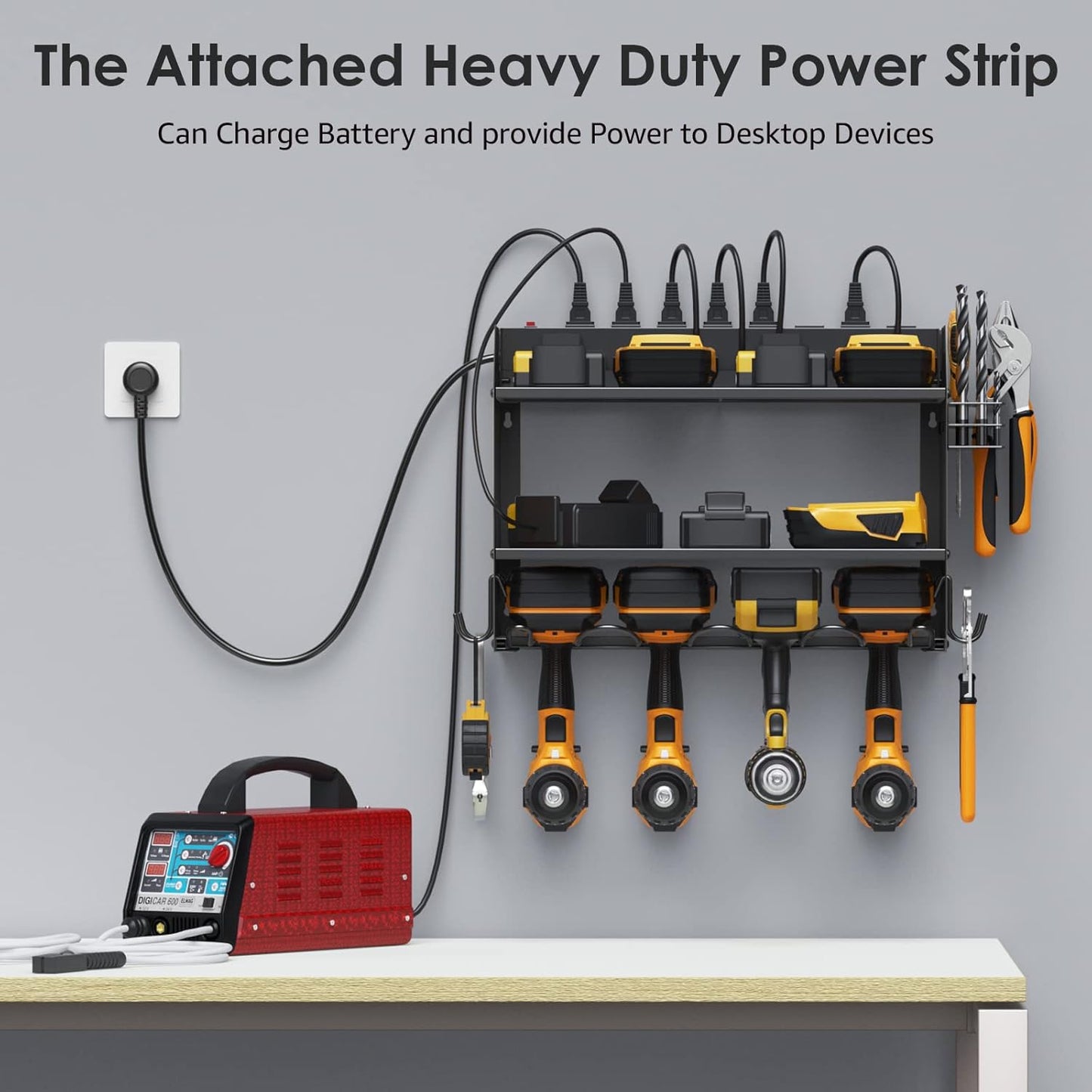 CCCEI Modular Power Tool Organizer Wall Mount with Charging Station. Garage 4 Drill Storage Shelf