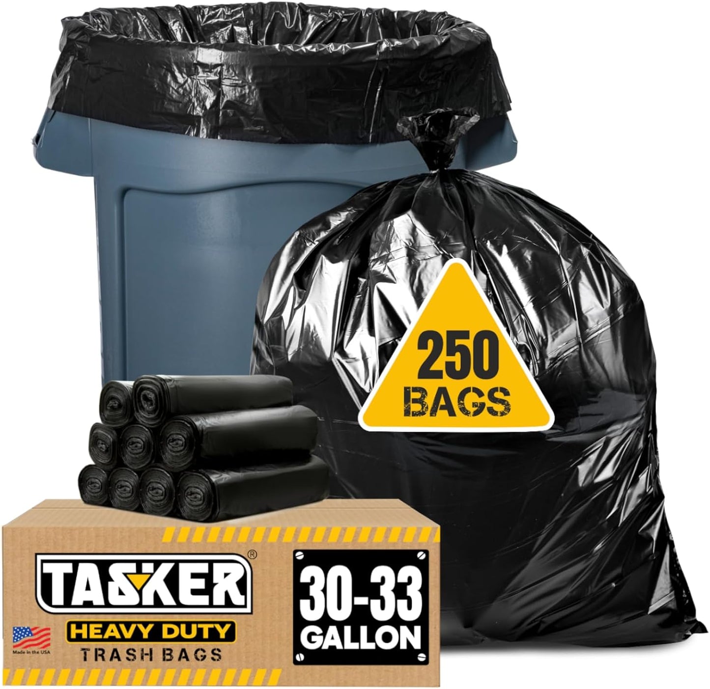 Tasker 30-33 Gallon Trash Bags Heavy Duty (MegaValue Pack 250 Count) Large Black Garbage Bags 30
