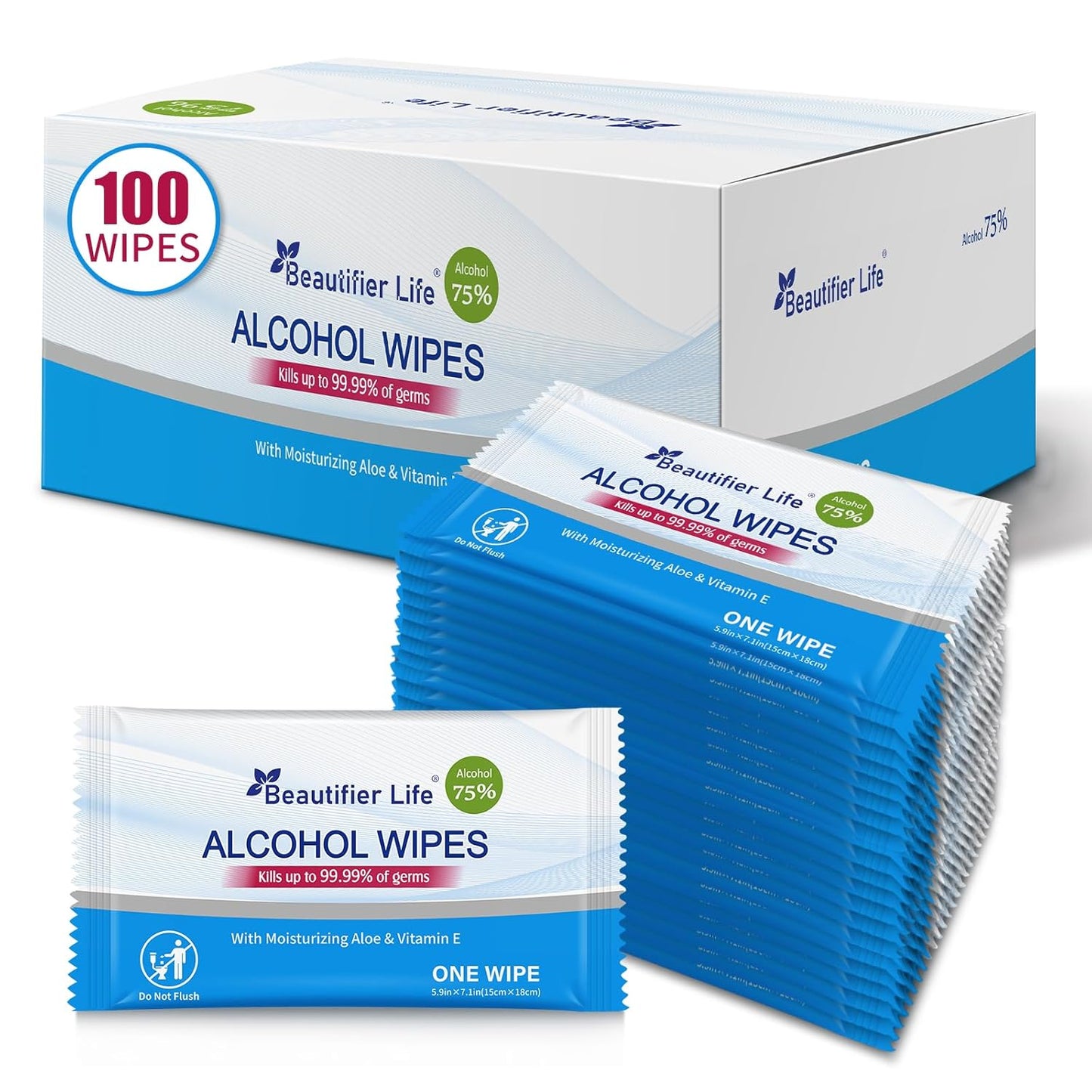 100 Count Individually Packed Hand Sanitizing Wipes - 75% Alcohol Formula with Aloe, Moisturizer