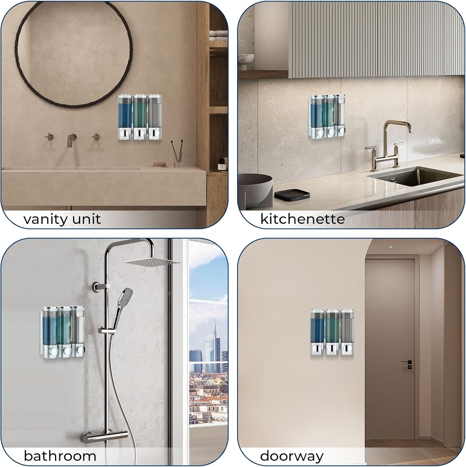 Shampoo and Conditioner Dispenser, Pollock Shower Soap Dispenser 3 Chamber No Drill, Wall Mounted