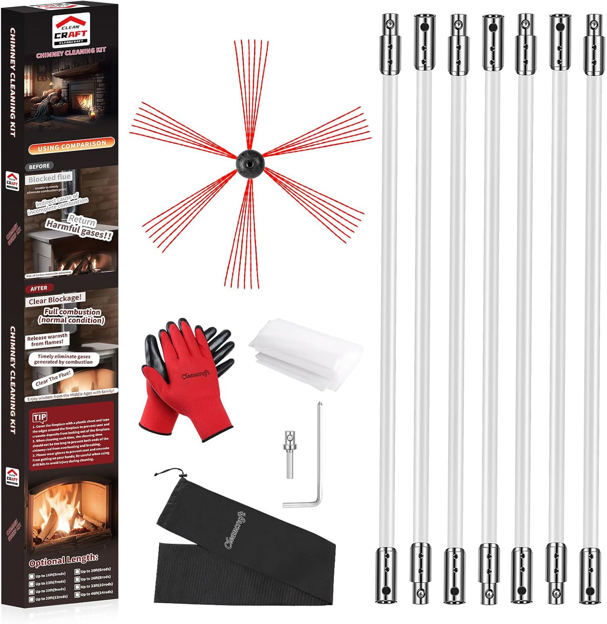 23 Feet Chimney Sweep Kit, Chimney Cleaning Kit with 7 Flexible White Chimney Rods, Chimney Brush