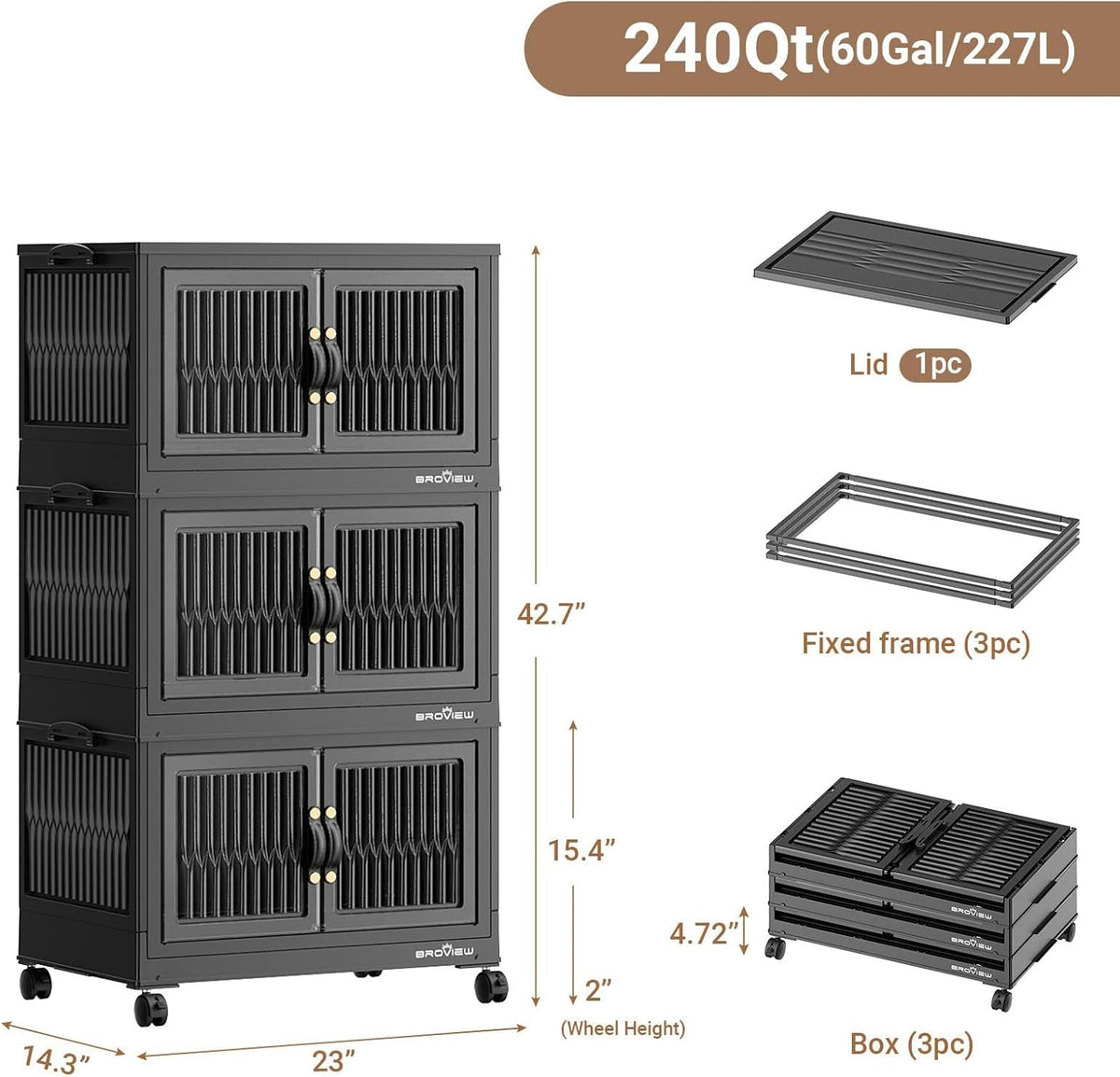 BROVIEW 240Qt Stackable Storage Bins with Lid, Extra Large Closet Organizer Collapsible Drawer
