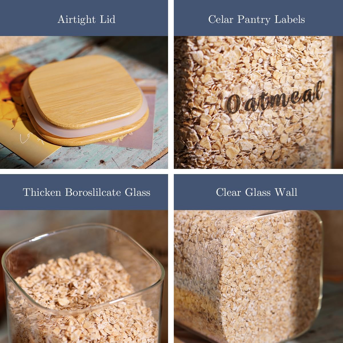 6 Pcs Square Glass Pantry Storage Containers with Bamboo Airtight Lid and 248 Clear Pantry Labels