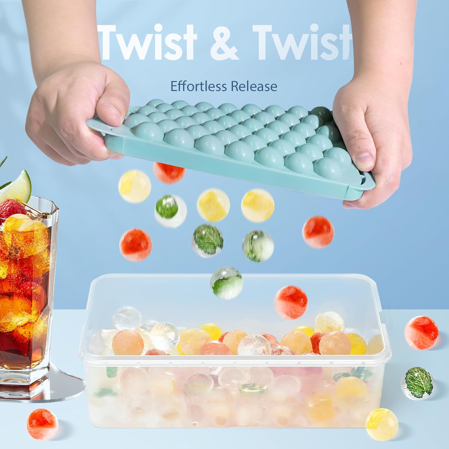 WIBIMEN Ice Cube Tray with Lid and Bin - Round Ice Trays for Freezer with Lid - Ice Cube Trays for
