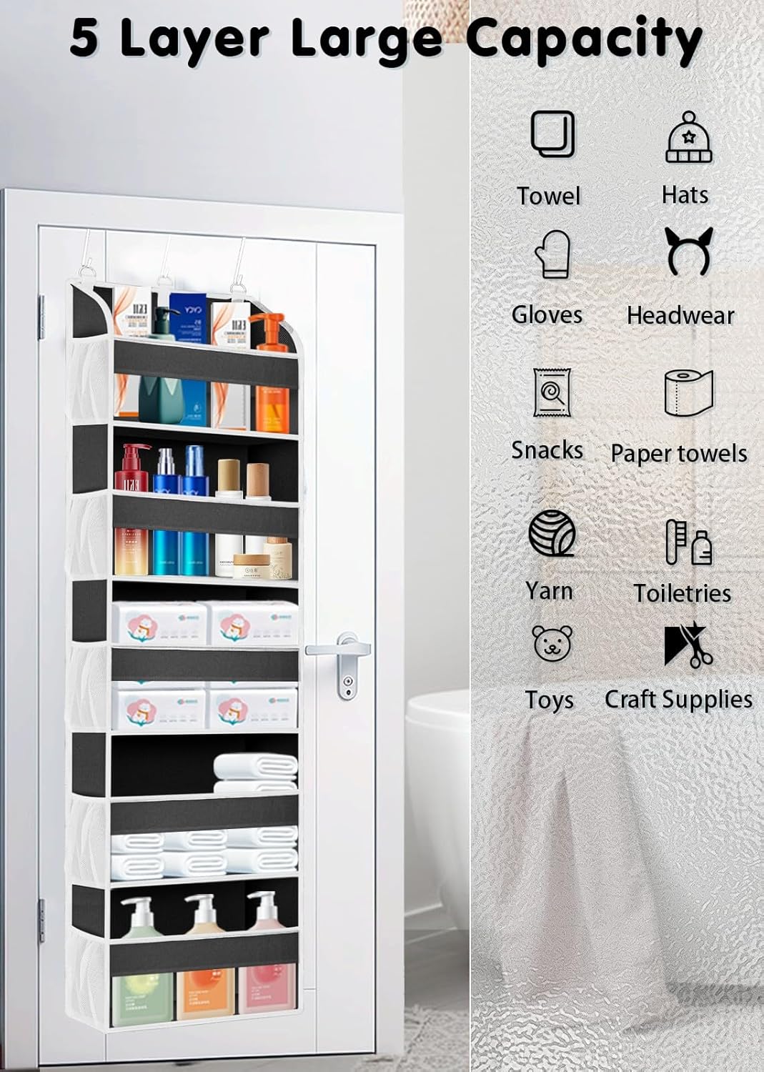 1 Pack Over The Door Organizer Storage, Hanging Organizer Closet with 5 Large Pockets 10 Mesh