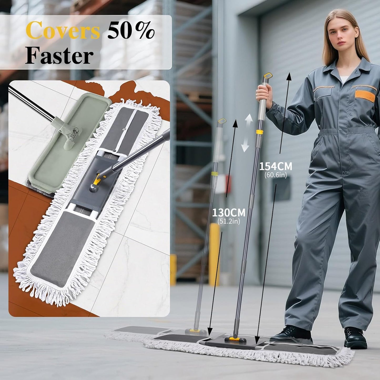 Masthome 36" Commercial Mop, Heavy Duty Industrial Floor Mop with 3 Microfiber Pads, 60" Adjustable