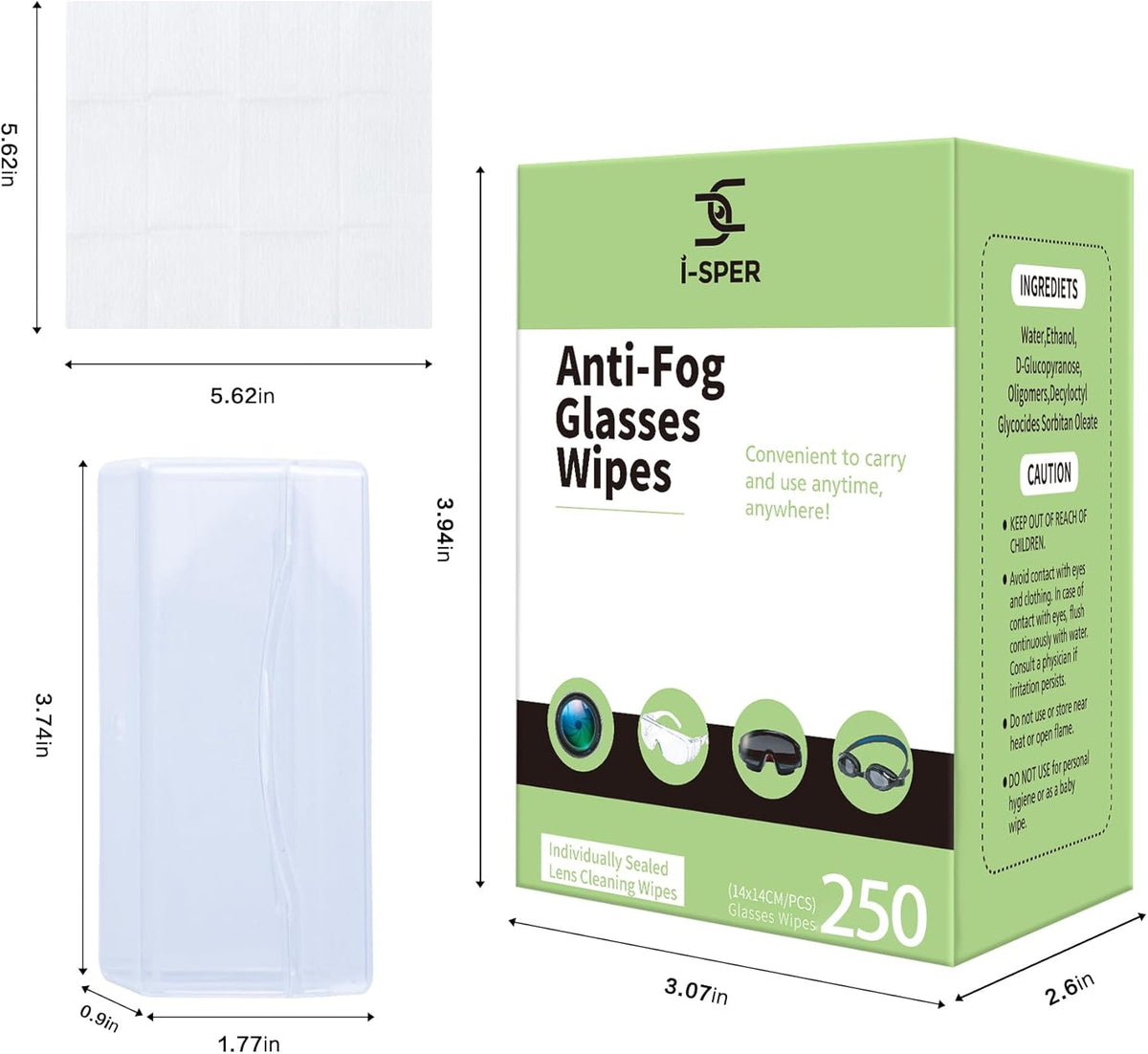 250 Count Anti Fog Lens Wipes for Eyeglasses, Pre-Moistened Individual Wrapped Glasses Wipe Lens