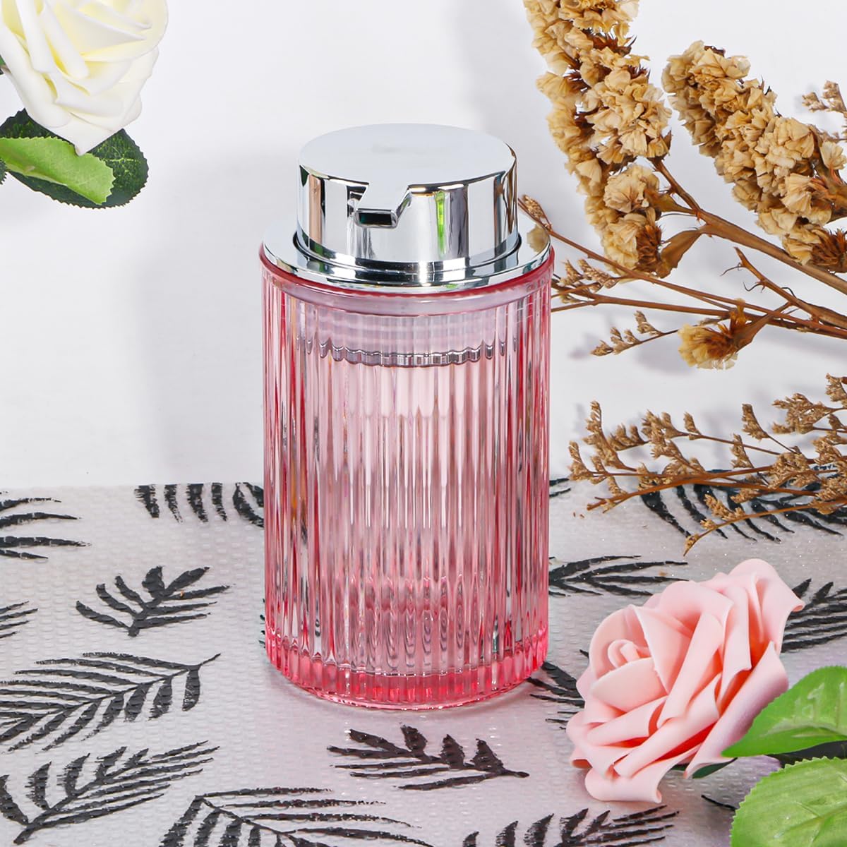 Pink Foaming Soap Dispenser, 12 Oz Glass Foaming Hand Soap Dispenser with Silver Pump, Bathroom