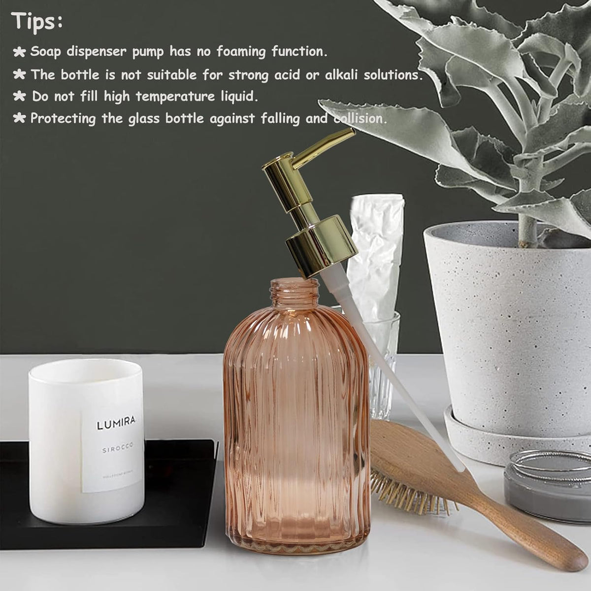 Glass Soap Dispenser with Gold Plastic Pump, 13.5oz Refillable Liquid Hand Soap Dispenser, Crystal