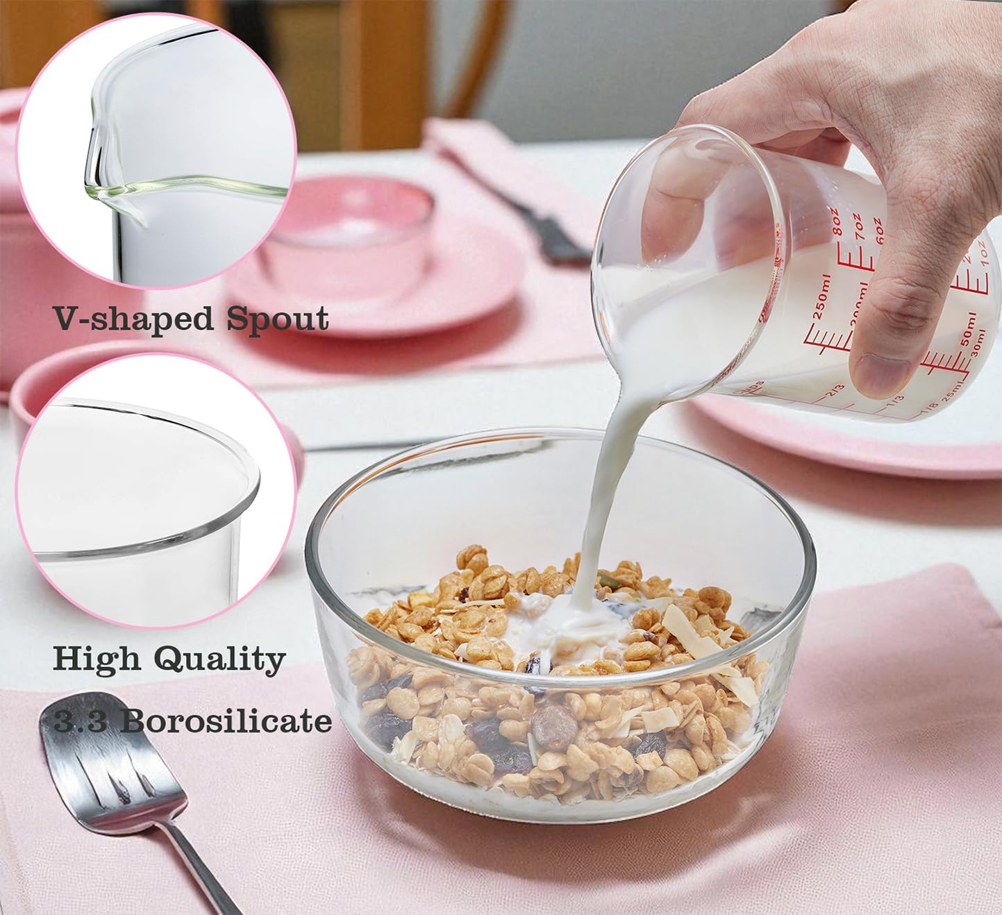 Ackers High Borosilicate Glass Measuring Cup Set with Pour Spout,60ml(2OZ),120ml(4OZ), 250ml(8OZ)
