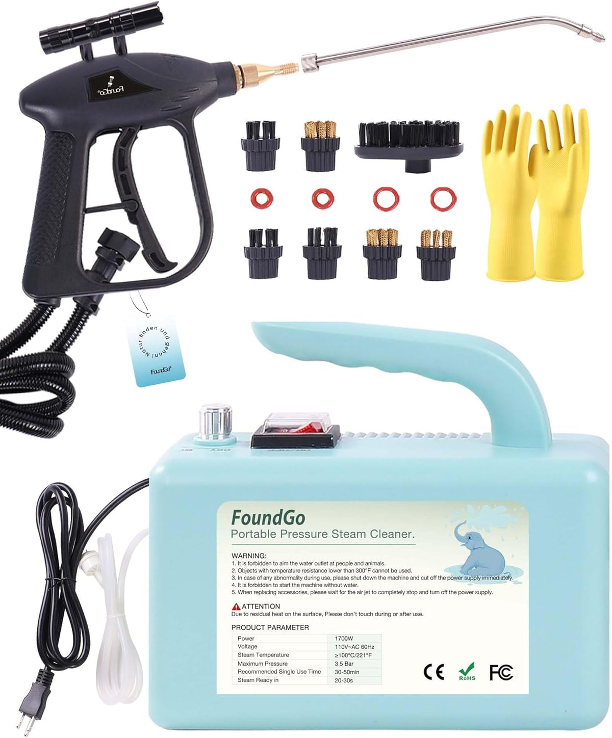 FoundGo 1700W Tankless Handheld Steam Cleaner with 7 Brushes 20s Heating to 239℉ Pressurized
