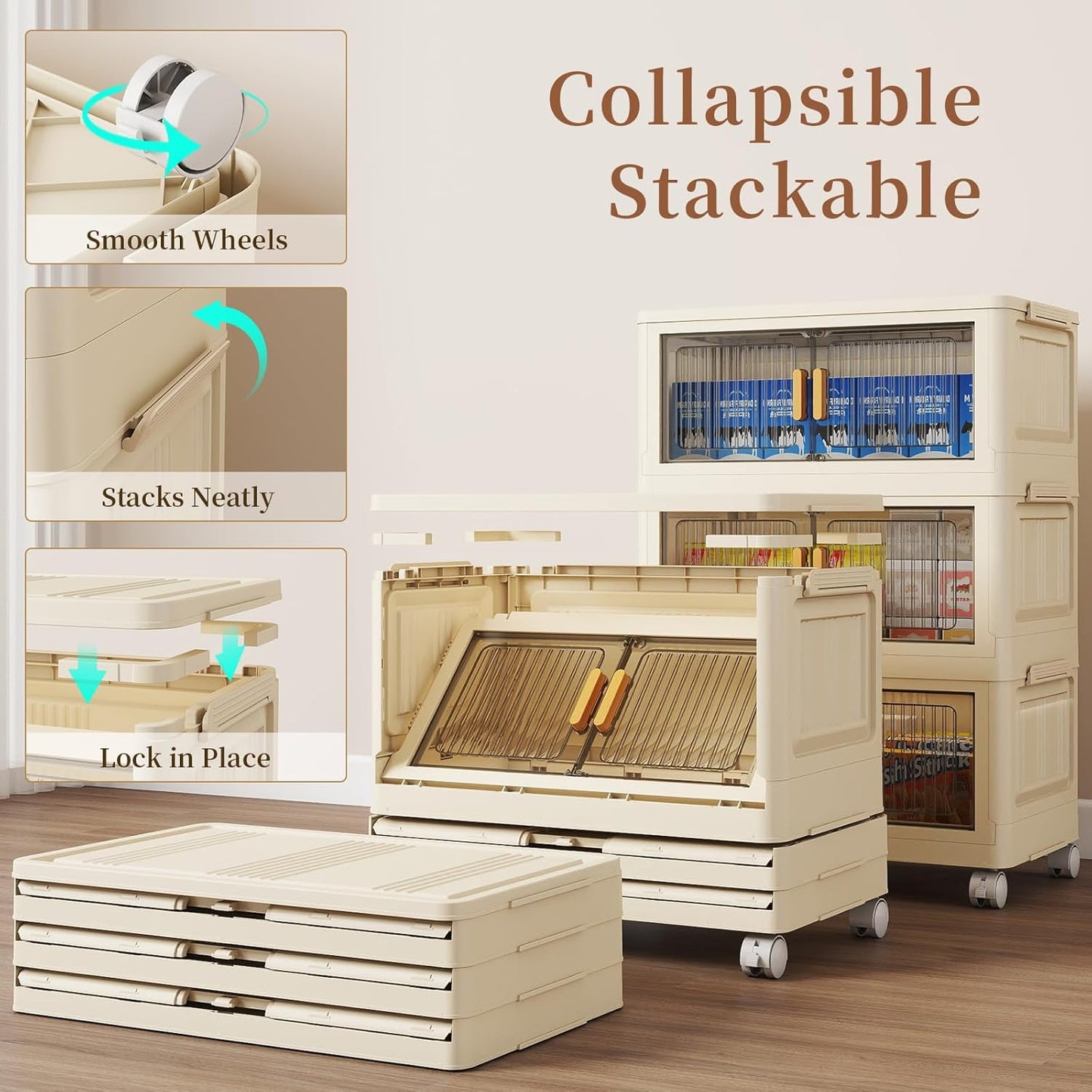 3 Tier Stackable Plastic Storage Bins with Lids 28QT, Collapsible Closet Organizers and Storage