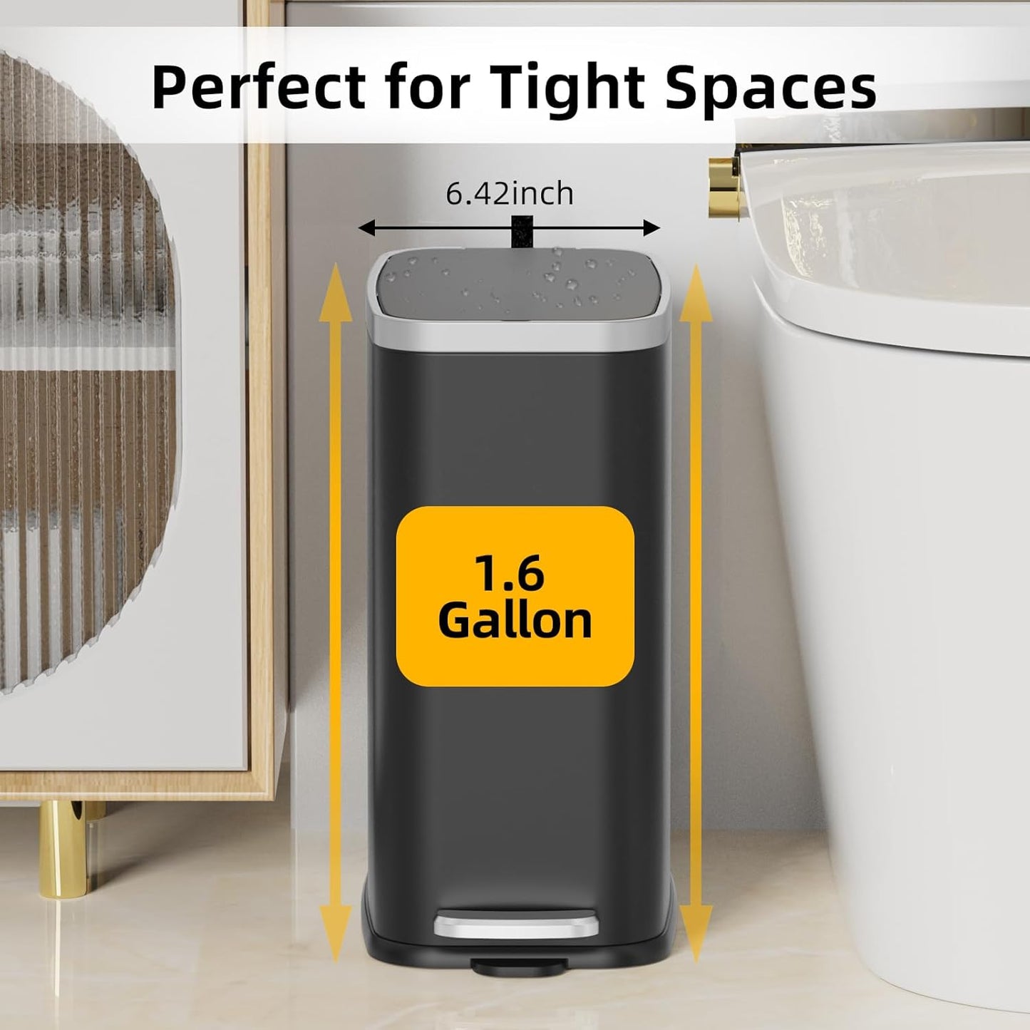 Stainless Steel Bathroom Trash Can with Lid Soft Close,1.6 Gallon Slim Garbage can,Small Metal Step