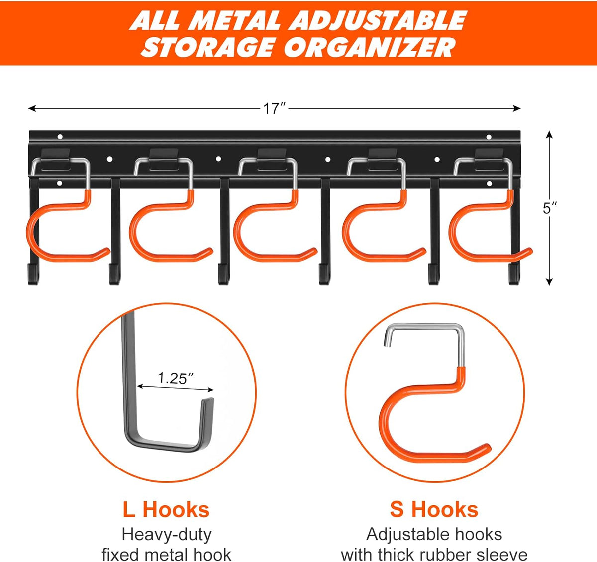 34'' All Metal Garden Tool Organizer Wall Mount Garage Organizers and Storage with Hooks Tool