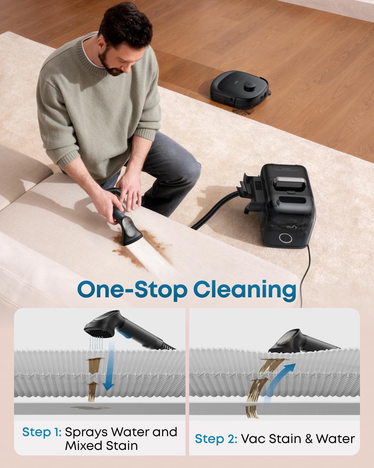 eufy Robot Vacuum E28, Portable Deep Cleaner for Carpet, HydroJet System with Roller Mop