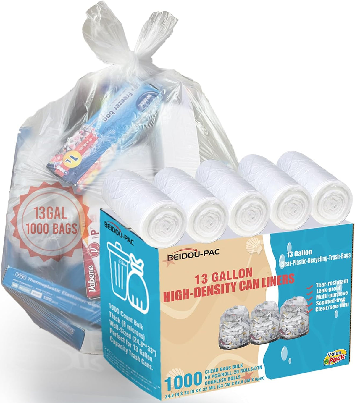 Trash Bags 13 Gallon, 1000 Count Bulk Value Pack, Clear Plastic Recycling Garbage Bags