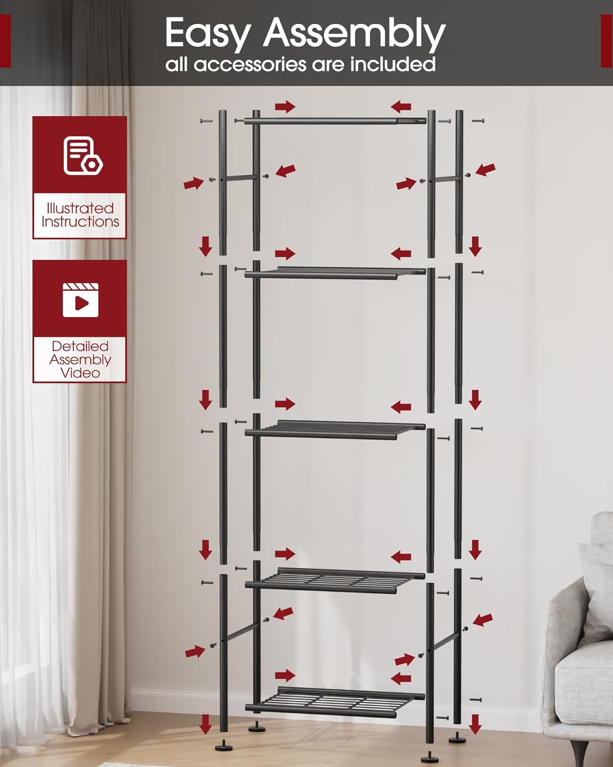 Storage Shelves - 5 Tier Shelf Organizer, Sturdy Metal Garage Shelving with Adjustable Leveling