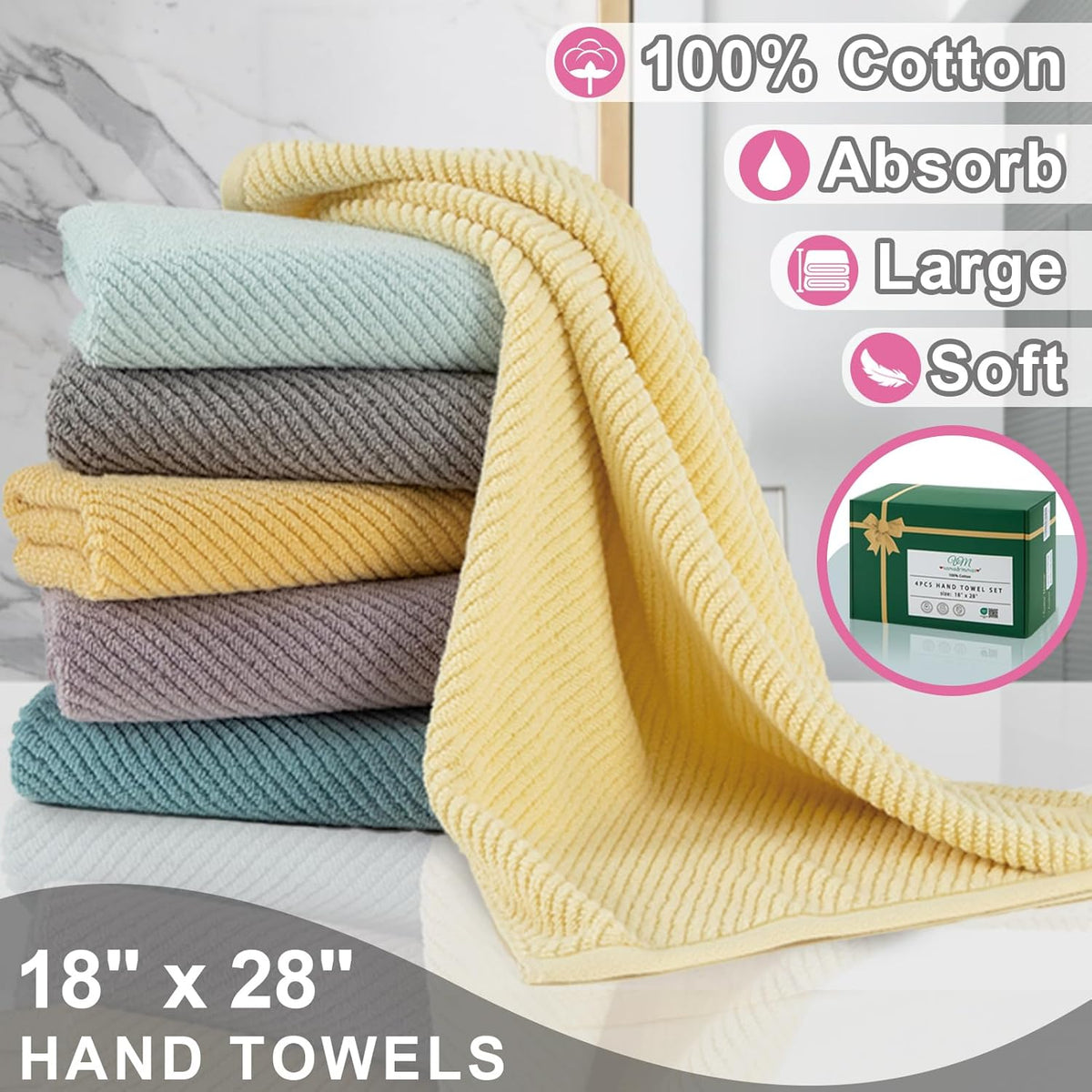 VOOVA & MOVAS Bathroom Hand Towels Set of 4, Large 18"x28" - 100% Cotton | Quick Dry | Light Weight
