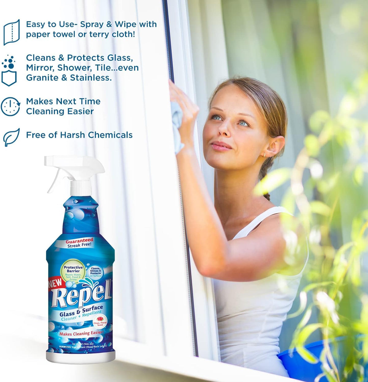 Clean-X REPEL Glass & Surface Cleaner 32 fl. oz. - Cleans & Repels water spots and dirt on glass