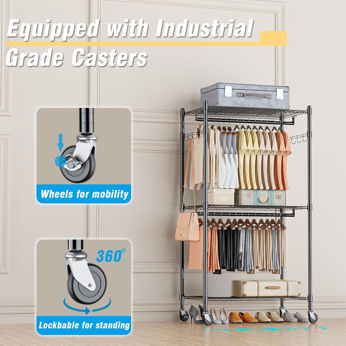 Homdox Heavy Duty Clothing Rack with 3 Tier Adjustable Wire Shelves, Garment Racks for Hanging