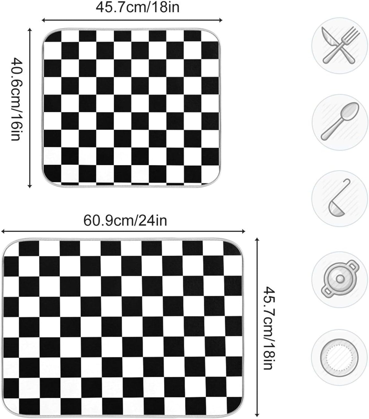 Black White Chessboard Dish Drying Mat for Kitchen Countertop 18x24 Plaid Checkered Rectangle Large