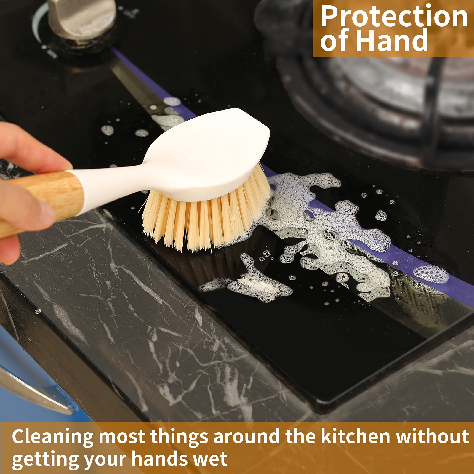2 Pack Kitchen Dish Brush Bamboo Handle Dish Scrubber Built-in Scraper