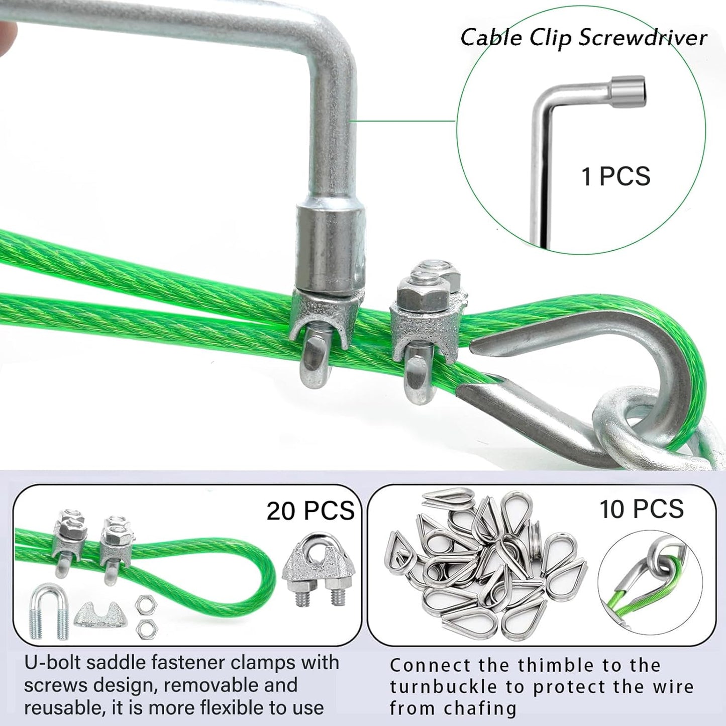 1/8" Wire Rope, 100 Ft PVC Coated Wire Cable Metal Steel Cable Trellis Kit, Multi-use Clothes Line