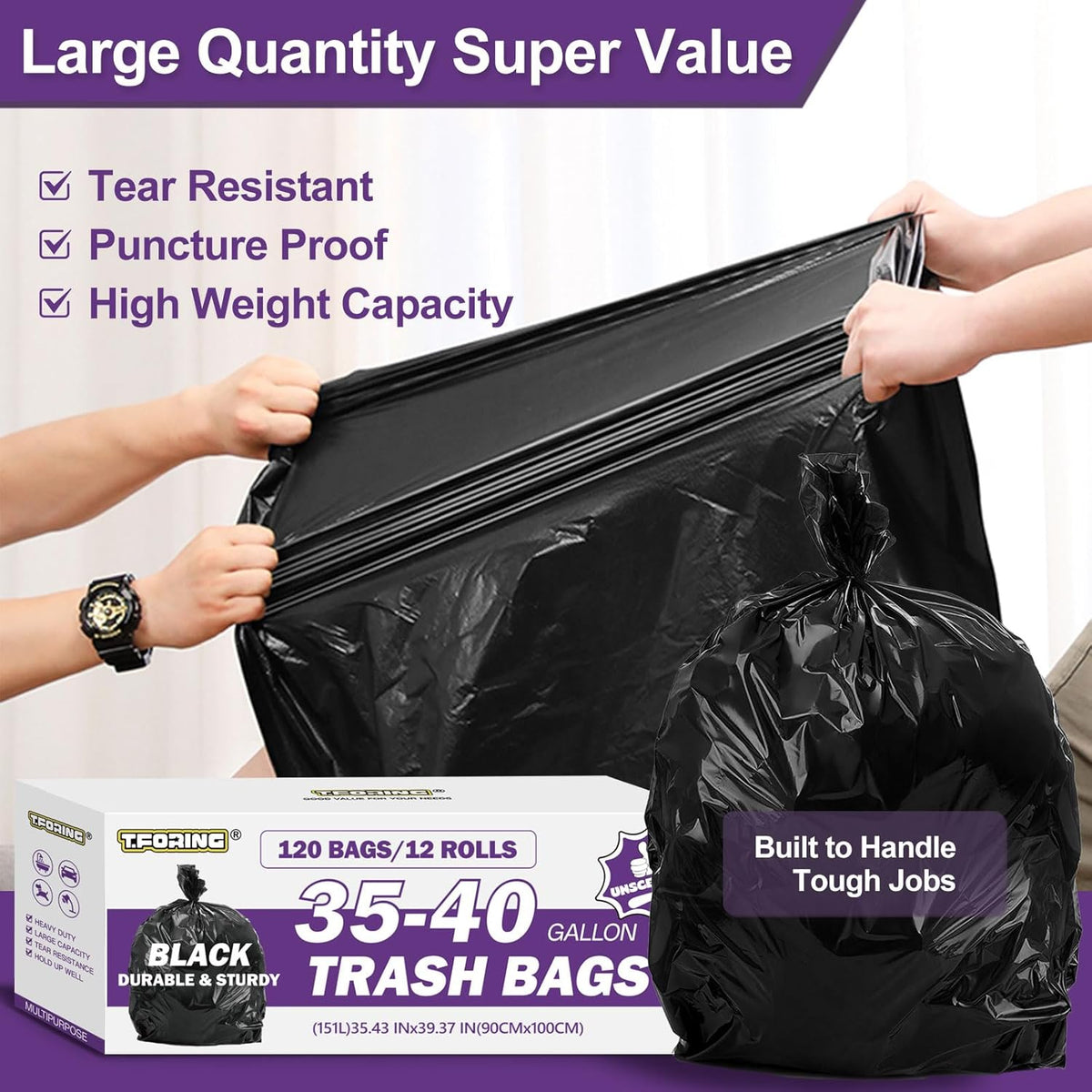 35-40 Gallon Black Trash Bags 120 Count - 35" x 40" Large Garbage Bags, 30+ Gallon Strong Trash Can